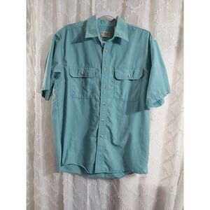 LL Bean Mens Medium Teal Blue Short Sleeve Nylon Blend Button Down Shirt OVU10